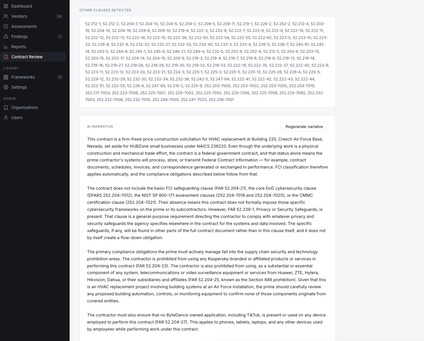 VendorScore AI-generated narrative summarizing a contract's compliance obligations and flow-down clauses
