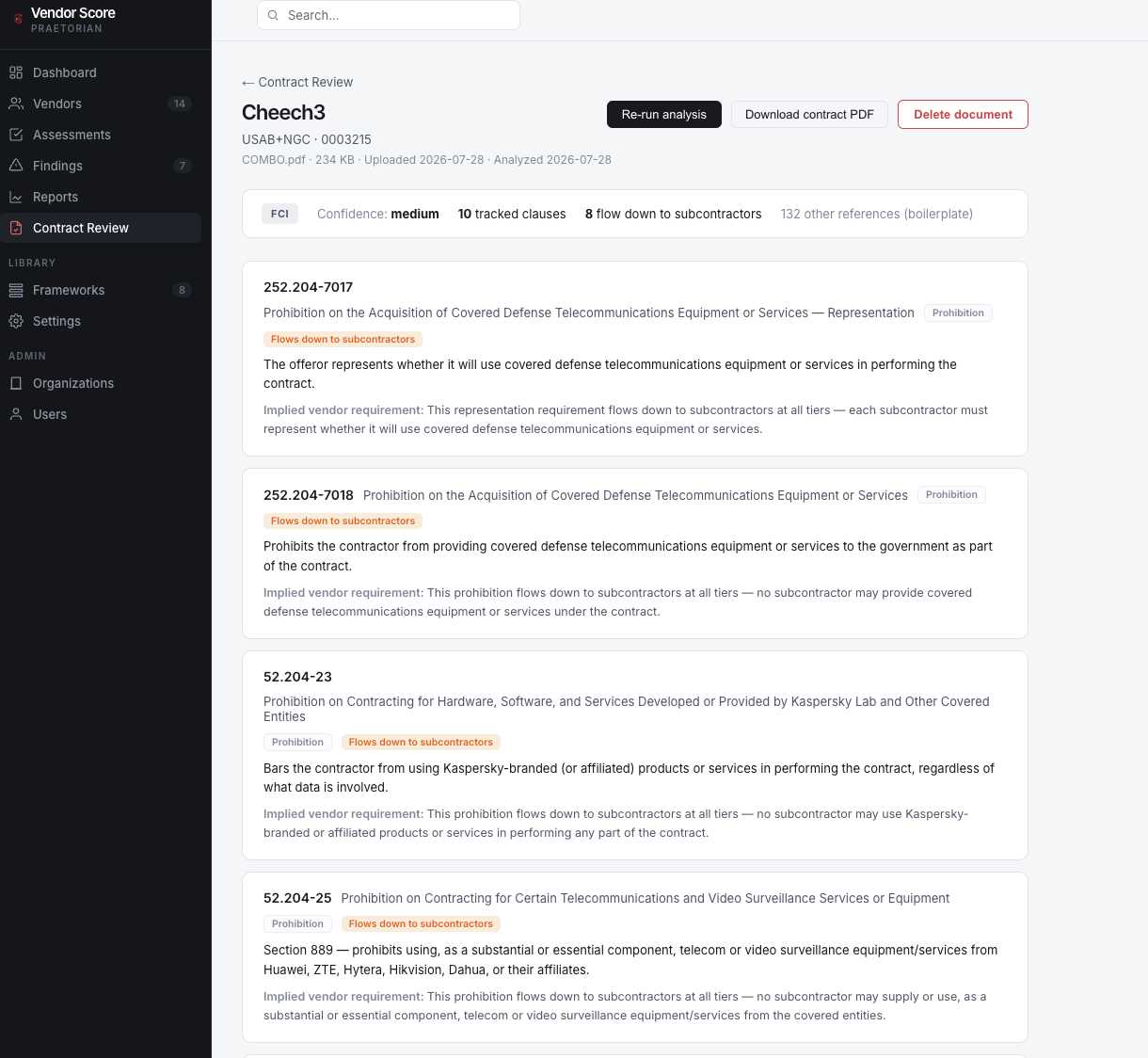 VendorScore contract review showing detected clauses with flow-down status and implied vendor requirements
