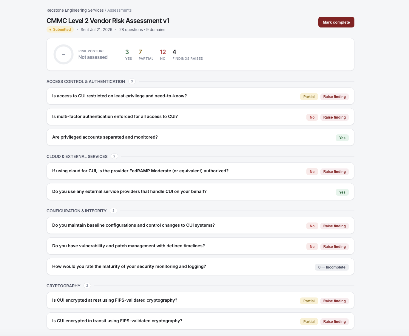 VendorScore CMMC Level 2 vendor risk assessment showing submitted responses and raised findings