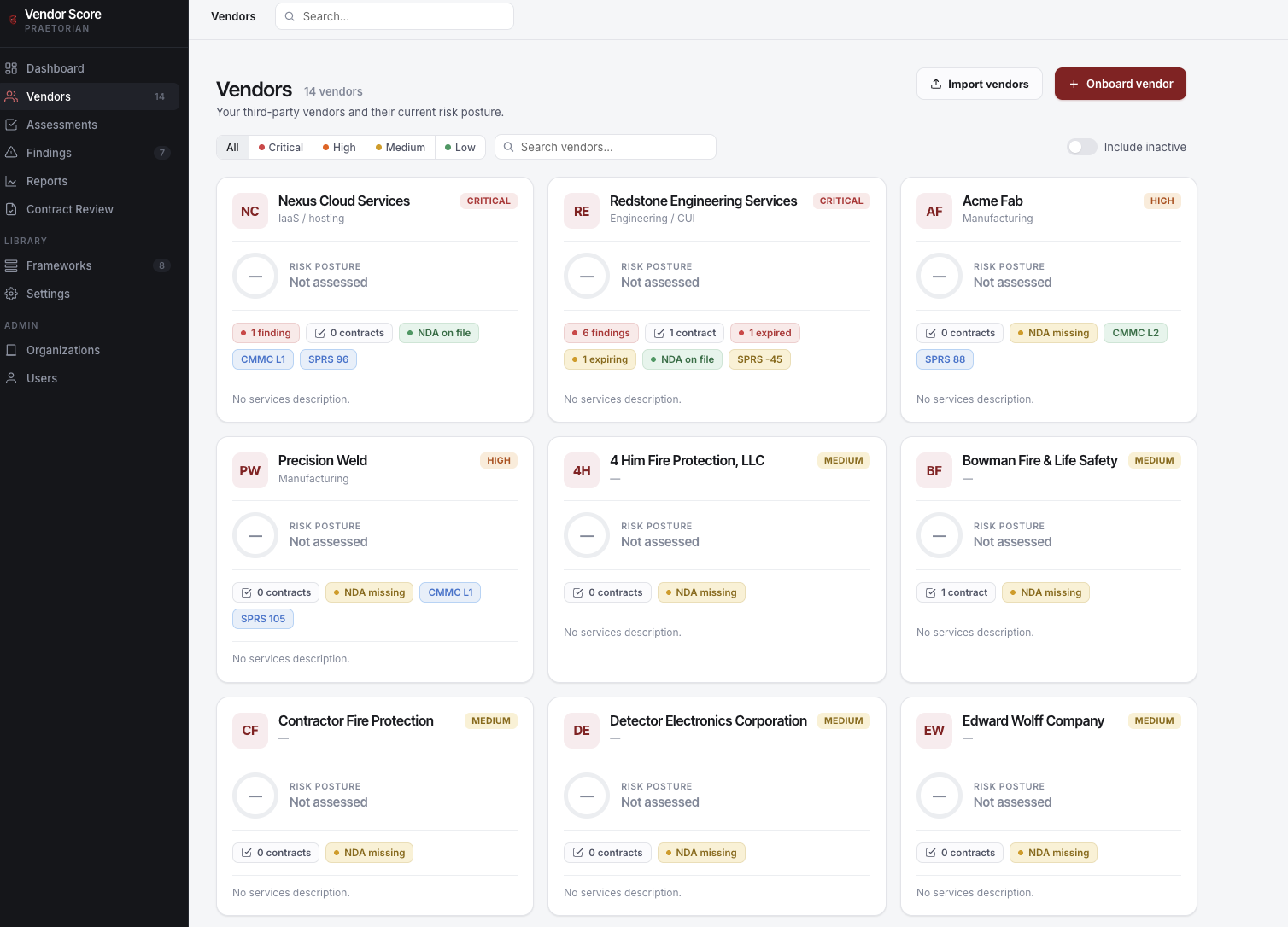 VendorScore vendors dashboard listing subcontractors with risk posture, findings, and CMMC/SPRS status